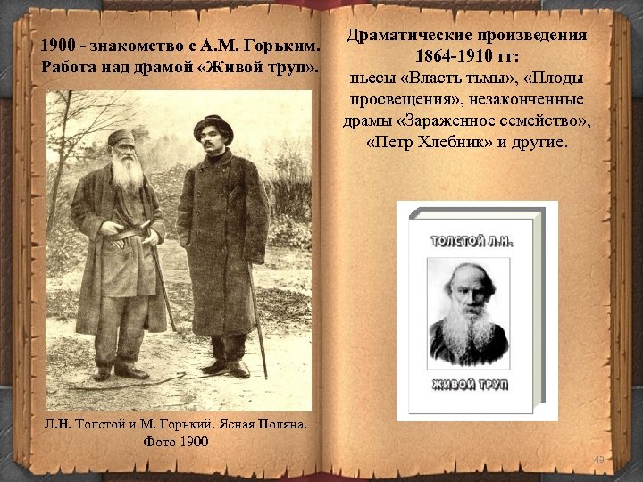 1900 - знакомство с А. М. Горьким. Работа над драмой «Живой труп» . Драматические