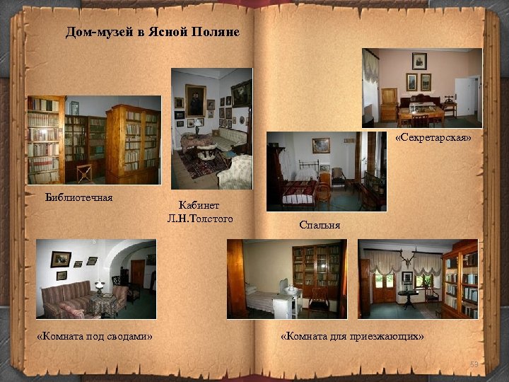 Дом-музей в Ясной Поляне «Секретарская» Библиотечная «Комната под сводами» Кабинет Л. Н. Толстого Спальня