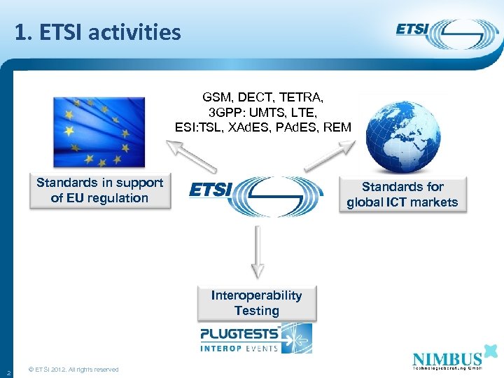 1. ETSI activities GSM, DECT, TETRA, 3 GPP: UMTS, LTE, ESI: TSL, XAd. ES,