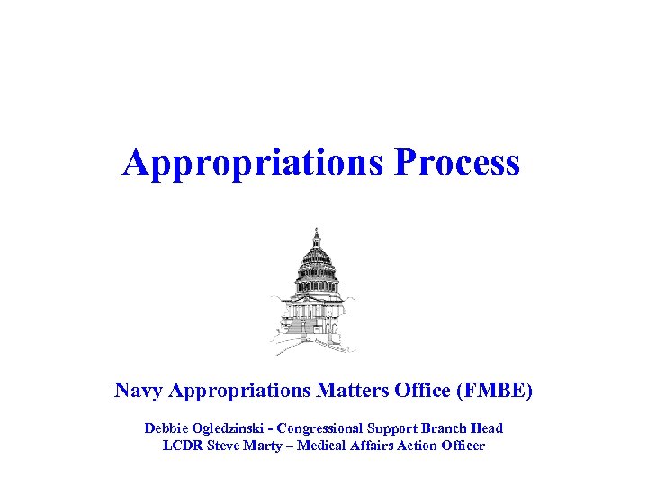 Appropriations Process Navy Appropriations Matters Office (FMBE) Debbie Ogledzinski - Congressional Support Branch Head