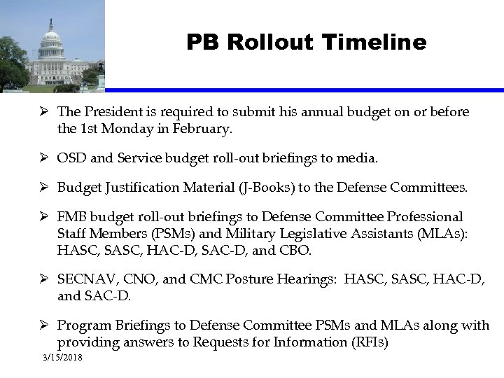 PB Rollout Timeline Ø The President is required to submit his annual budget on