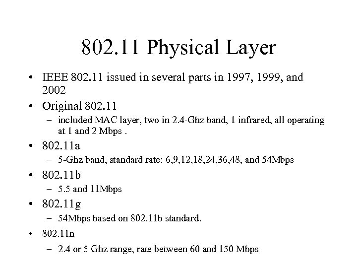 802. 11 Physical Layer • IEEE 802. 11 issued in several parts in 1997,