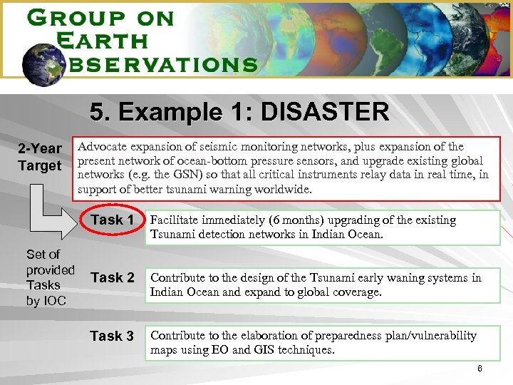 5. Example 1: DISASTER 2 -Year Target Advocate expansion of seismic monitoring networks, plus