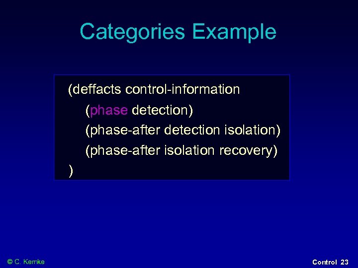 Categories Example (deffacts control-information (phase detection) (phase-after detection isolation) (phase-after isolation recovery) ) ©