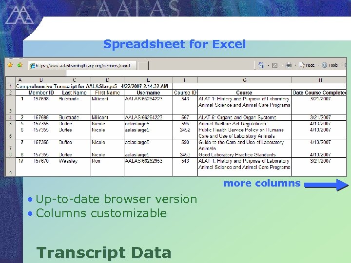 Spreadsheet for Excel more columns • Up-to-date browser version • Columns customizable Transcript Data