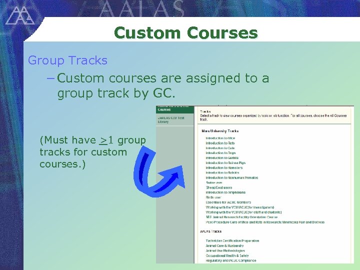 Custom Courses Group Tracks − Custom courses are assigned to a group track by