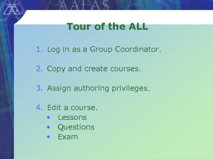 Tour of the ALL 1. Log in as a Group Coordinator. 2. Copy and