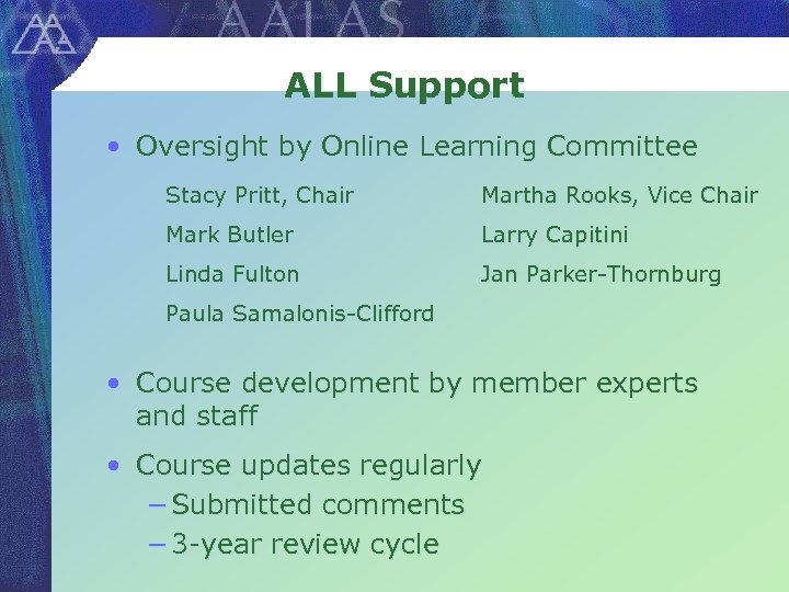 ALL Support • Oversight by Online Learning Committee Stacy Pritt, Chair Martha Rooks, Vice