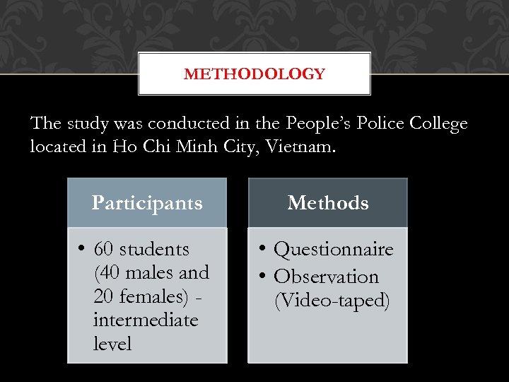 METHODOLOGY The study was conducted in the People’s Police College located in Ho Chi