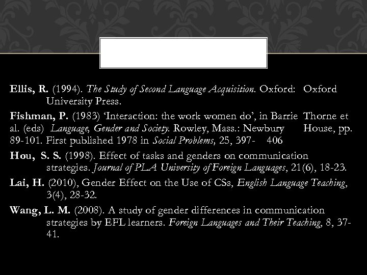 Ellis, R. (1994). The Study of Second Language Acquisition. Oxford: Oxford University Press. Fishman,