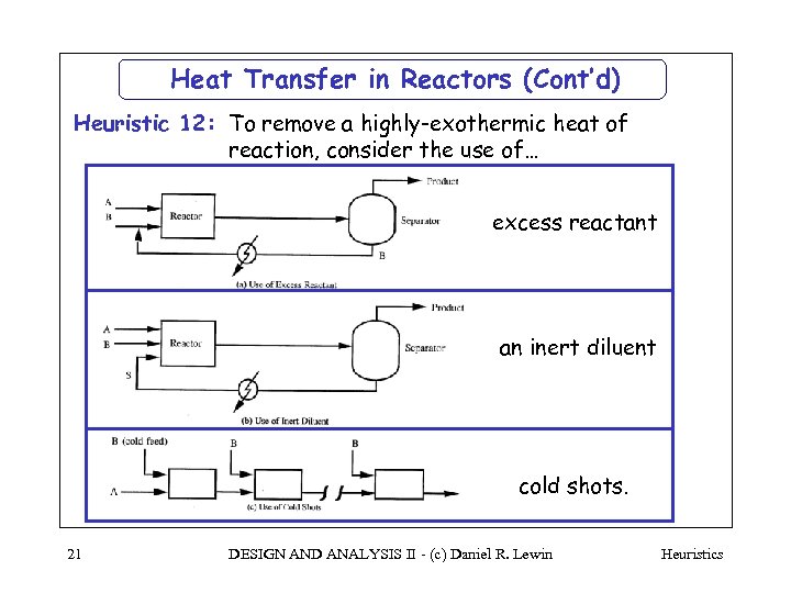 Heat Transfer in Reactors (Cont’d) Heuristic 12: To remove a highly-exothermic heat of reaction,