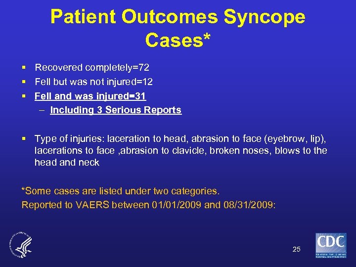 Patient Outcomes Syncope Cases* § Recovered completely=72 § Fell but was not injured=12 §