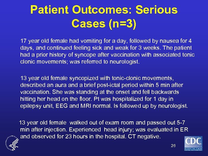 Patient Outcomes: Serious Cases (n=3) 17 year old female had vomiting for a day,