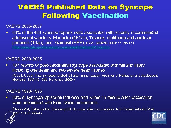 VAERS Published Data on Syncope Following Vaccination VAERS 2005 -2007 § 63% of the