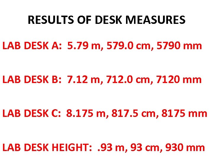 RESULTS OF DESK MEASURES LAB DESK A: 5. 79 m, 579. 0 cm, 5790