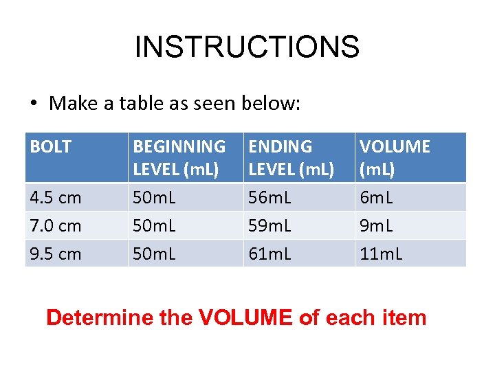 INSTRUCTIONS • Make a table as seen below: BOLT 4. 5 cm 7. 0