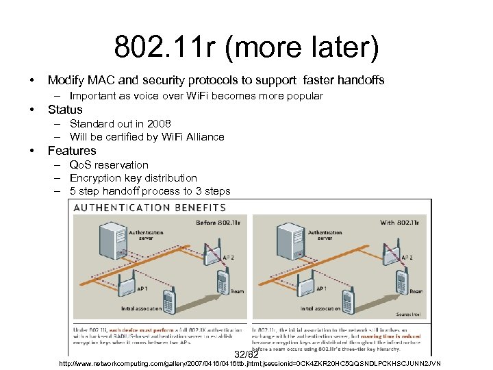802. 11 r (more later) • Modify MAC and security protocols to support faster