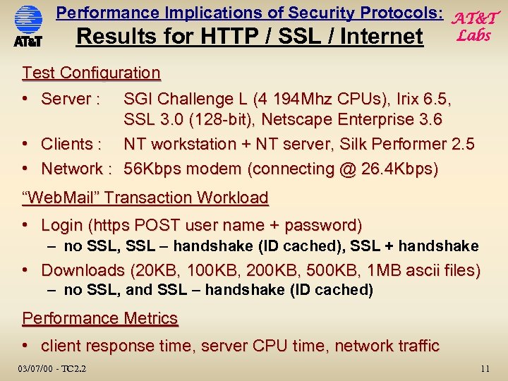 Performance Implications of Security Protocols: AT&T Results for HTTP / SSL / Internet Labs