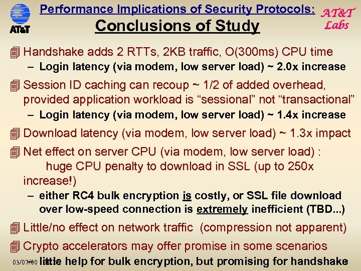 Performance Implications of Security Protocols: AT&T Conclusions of Study Labs 4 Handshake adds 2