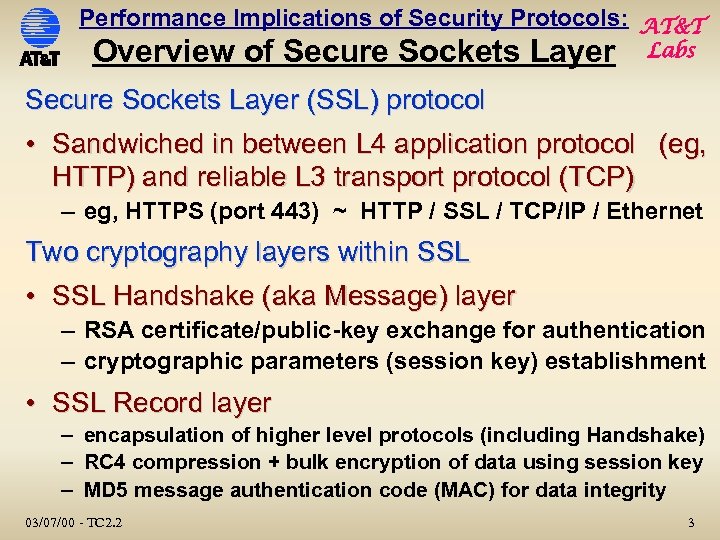 Performance Implications of Security Protocols: AT&T Overview of Secure Sockets Layer Labs Secure Sockets