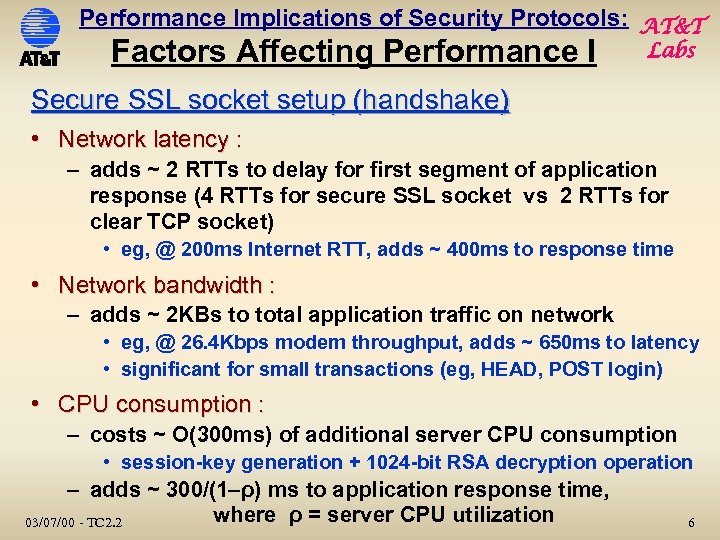 Performance Implications of Security Protocols: AT&T Factors Affecting Performance I Labs Secure SSL socket