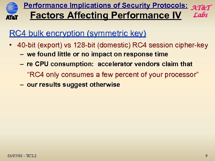 Performance Implications of Security Protocols: AT&T Factors Affecting Performance IV Labs RC 4 bulk