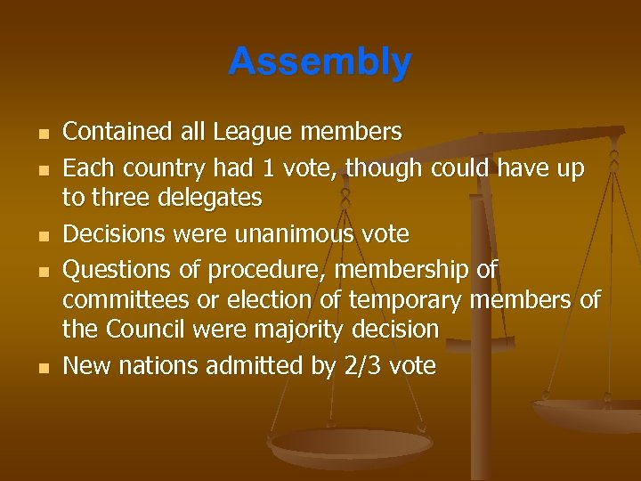 Assembly n n n Contained all League members Each country had 1 vote, though