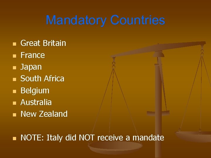 Mandatory Countries n Great Britain France Japan South Africa Belgium Australia New Zealand n