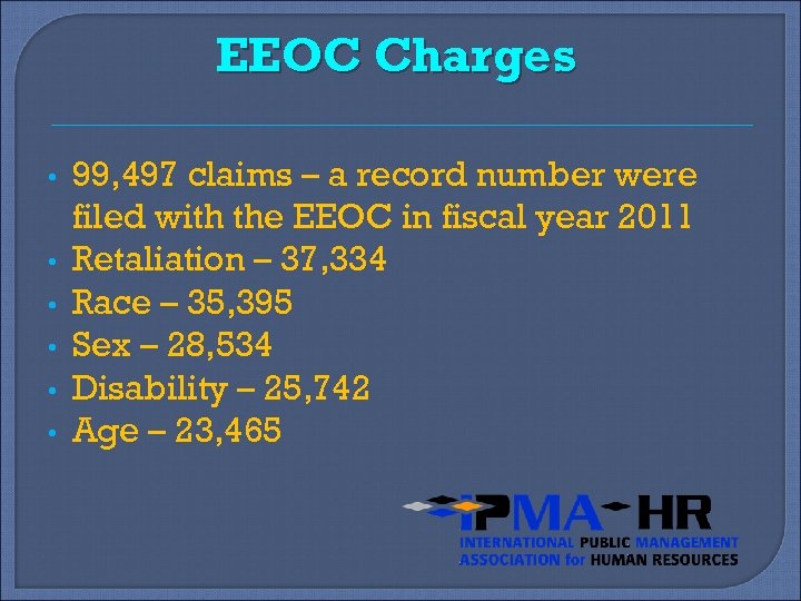 EEOC Charges • • • 99, 497 claims – a record number were filed