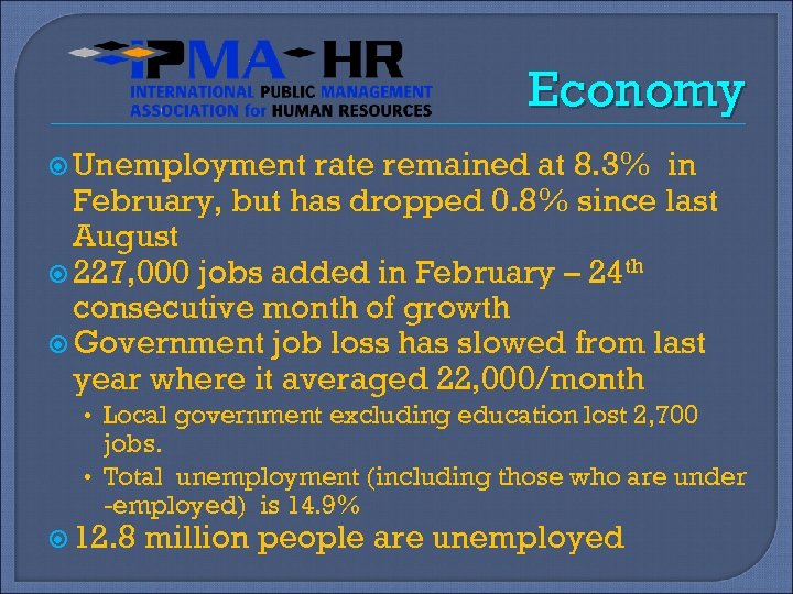 Economy Unemployment rate remained at 8. 3% in February, but has dropped 0. 8%