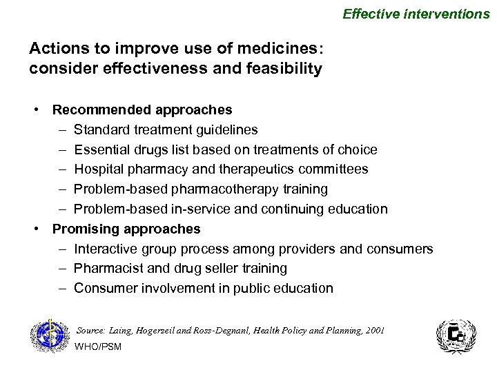 Effective interventions Actions to improve use of medicines: consider effectiveness and feasibility • Recommended