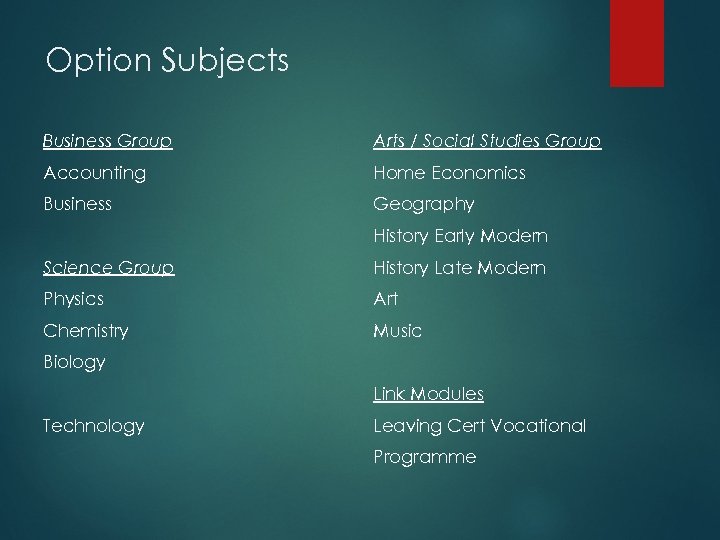Option Subjects Business Group Arts / Social Studies Group Accounting Home Economics Business Geography