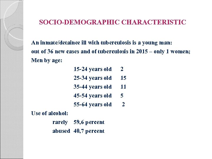 SOCIO-DEMOGRAPHIC CHARACTERISTIC An inmate/detainee ill with tuberculosis is a young man: out of 36