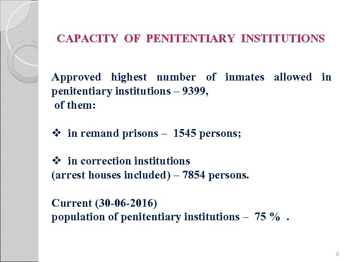 CAPACITY OF PENITENTIARY INSTITUTIONS Approved highest number of inmates allowed in penitentiary institutions –