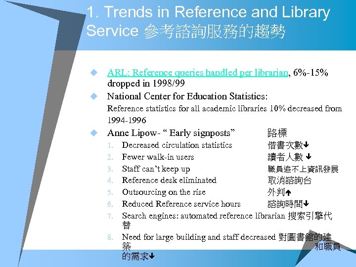 1. Trends in Reference and Library Service 參考諮詢服務的趨勢 ARL: Reference queries handled per librarian,