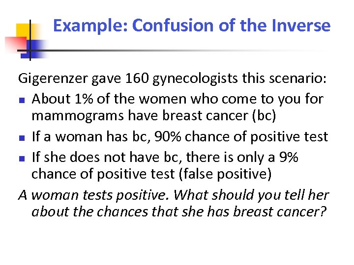 Example: Confusion of the Inverse Gigerenzer gave 160 gynecologists this scenario: About 1% of