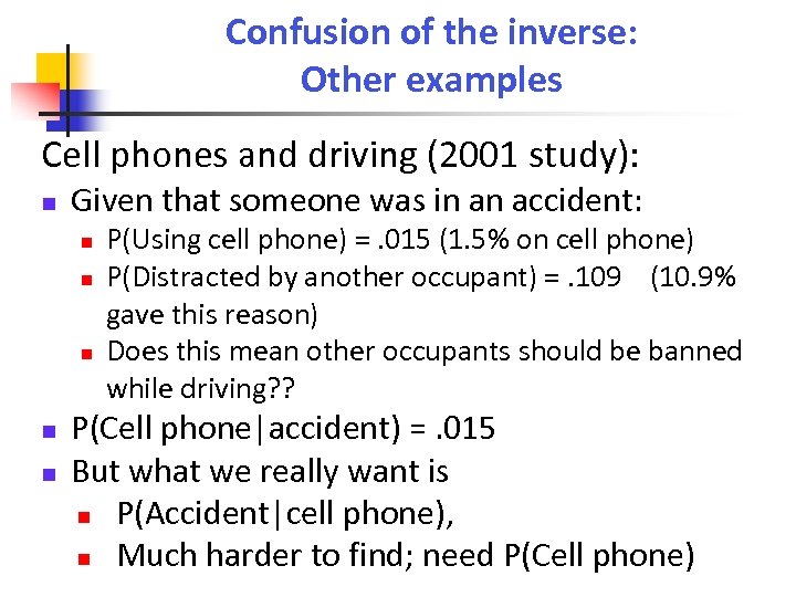 Confusion of the inverse: Other examples Cell phones and driving (2001 study): Given that
