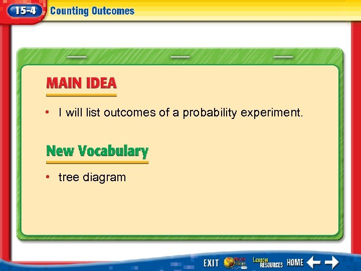  • I will list outcomes of a probability experiment. • tree diagram 