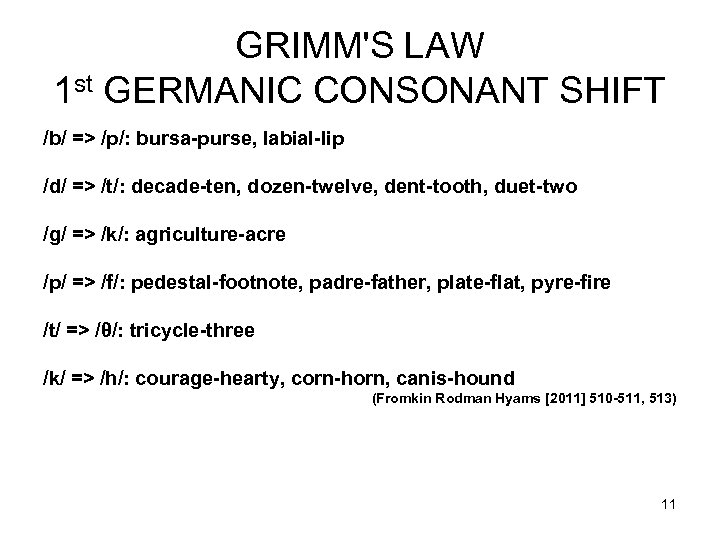 GRIMM'S LAW 1 st GERMANIC CONSONANT SHIFT /b/ => /p/: bursa-purse, labial-lip /d/ =>