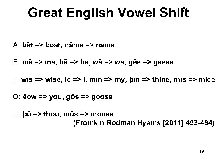 Great English Vowel Shift A: bāt => boat, nāme => name E: mē =>