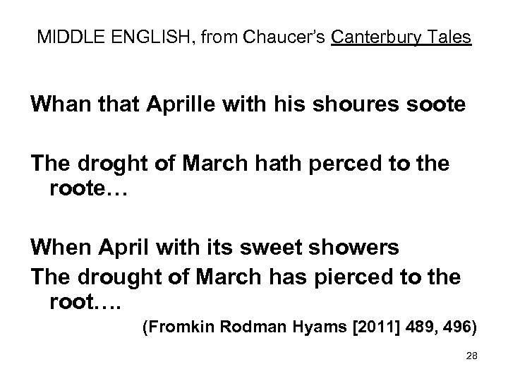 MIDDLE ENGLISH, from Chaucer’s Canterbury Tales Whan that Aprille with his shoures soote The