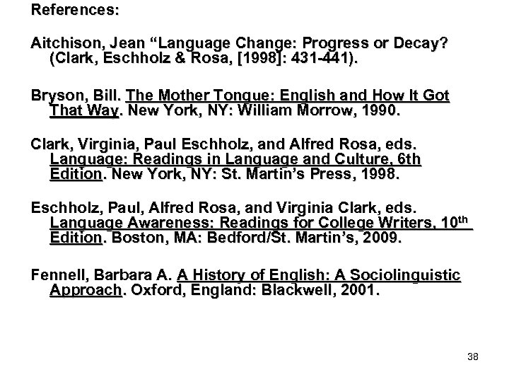 References: Aitchison, Jean “Language Change: Progress or Decay? (Clark, Eschholz & Rosa, [1998]: 431