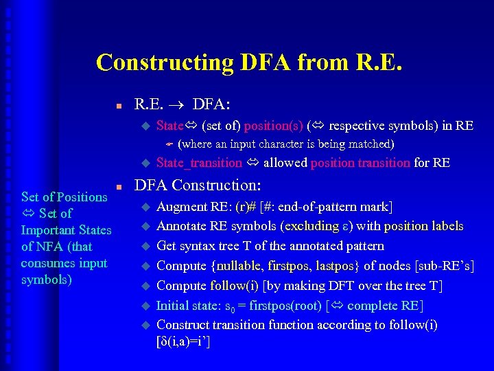 Constructing DFA from R. E. n R. E. DFA: u State (set of) position(s)