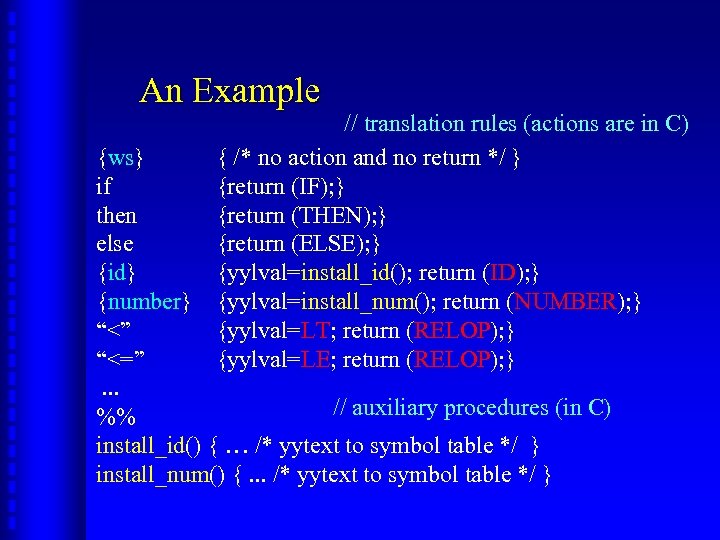 An Example // translation rules (actions are in C) {ws} { /* no action