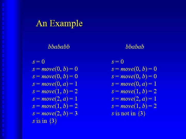 An Example bbababb s=0 s = move(0, b) = 0 s = move(0, a)