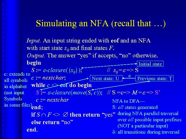 Simulating an NFA (recall that …) Input. An input string ended with eof and