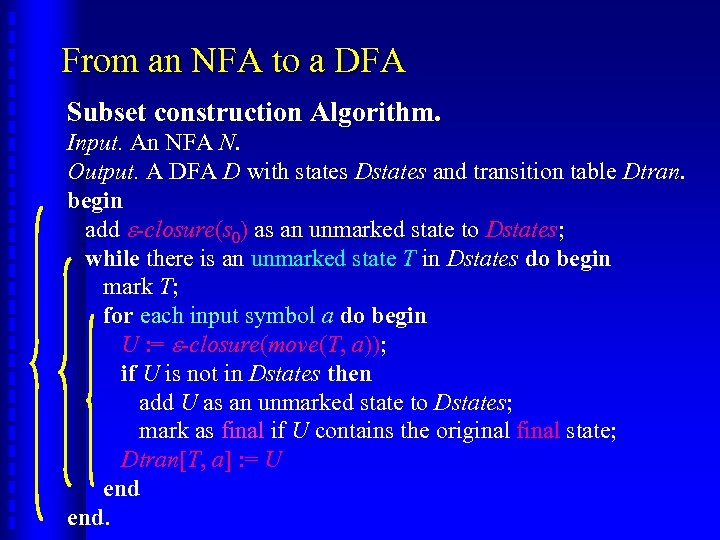 From an NFA to a DFA Subset construction Algorithm. Input. An NFA N. Output.