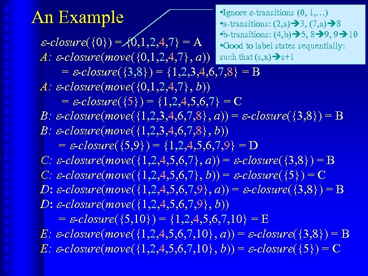 An Example • Ignore -transitions (0, 1, …) • a-transitions: (2, a) 3, (7,