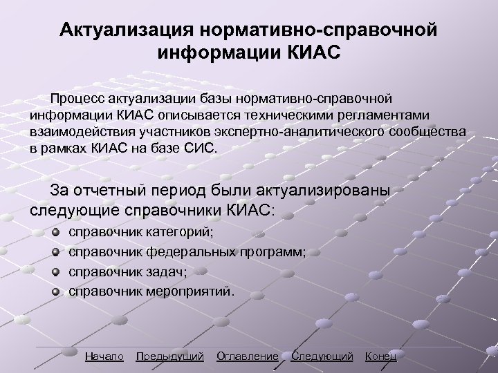 Актуализация нормативно-справочной информации КИАС Процесс актуализации базы нормативно-справочной информации КИАС описывается техническими регламентами взаимодействия