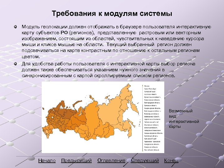 Требования к модулям системы Модуль геолокации должен отображать в браузере пользователя интерактивную карту субъектов